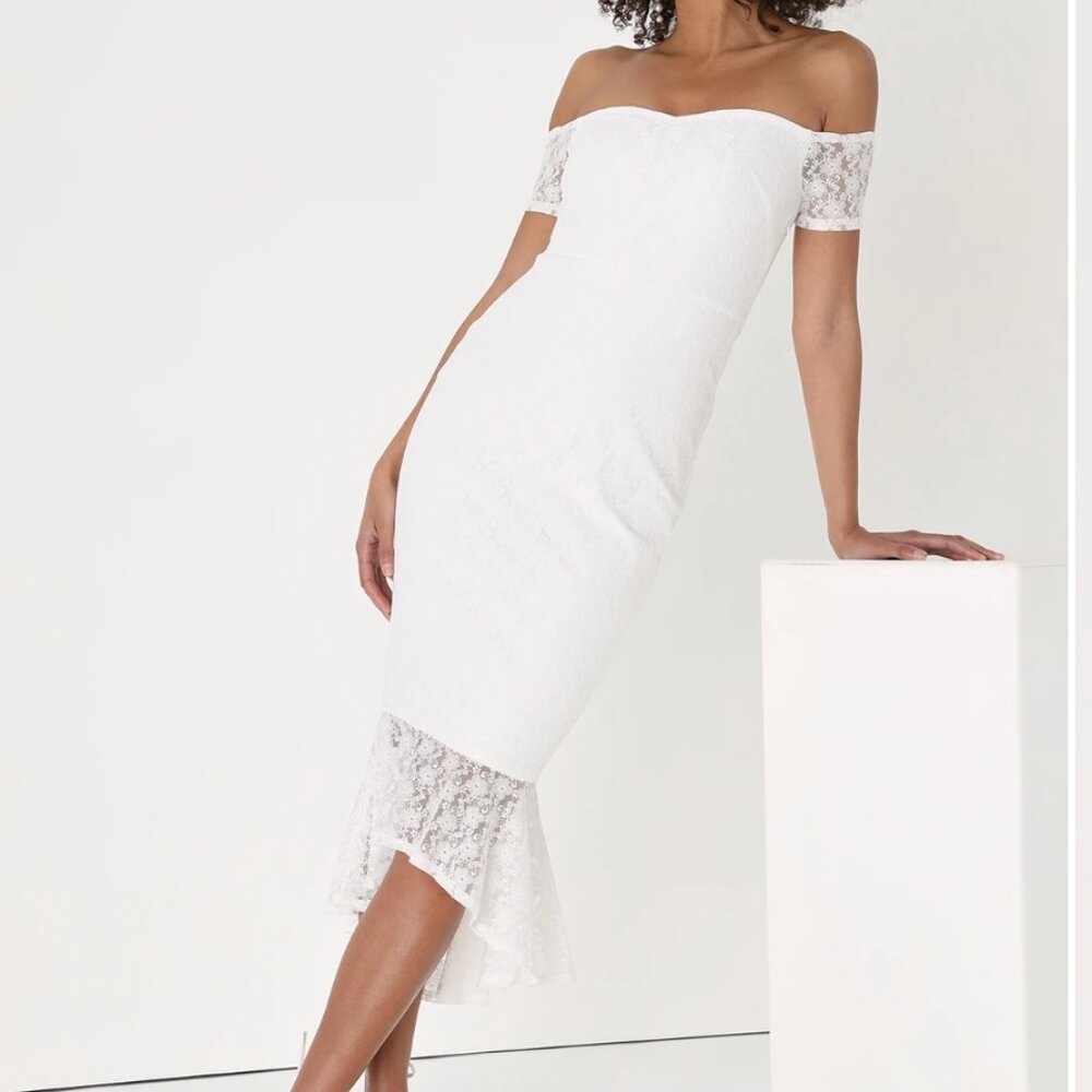 Lulus Definition of Gorgeous Ivory Lace Off-the-Shoulder Midi Dress